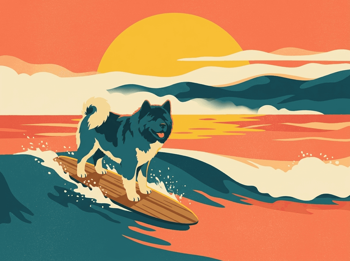 Retro surf-poster illustration of Chewbacca the Akita riding a longboard at sunset, Ocean Beach